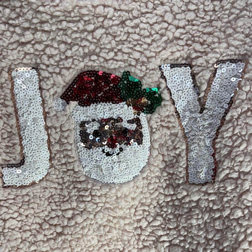 Miss Chievous Fuzzy Pink Christmas Sweater With Sequined Joy Featuring Santa - Picture 3 of 4